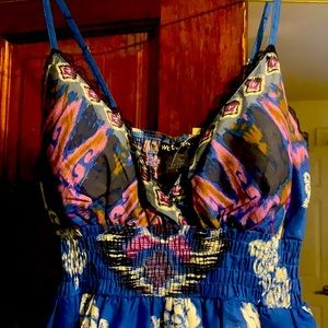 Summer dress elastic at top size blue and white print